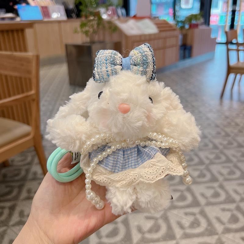 Rabbit Plush Keychain with Pearl Bowtie for Women, Lace Plaid Skirt Design, Long Ear Bunny Pendant for Bag Car, Friendship Gifts