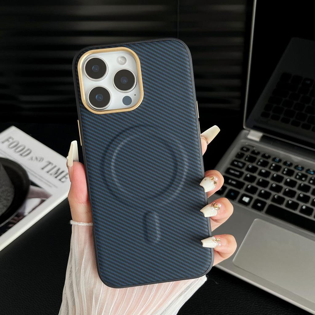 For IPhone 16 ProMax Kevlar Carbon Brazing Pattern Phone Case Magnetic for Apple 15 with Metal Lens Ring