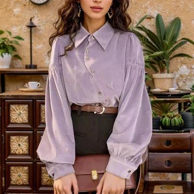 Autumn Casual Loose Clothes Hong Kong Style Vintage Solid Long Sleeve Shirt Women Tops Purple Blouse Blusas Elegant 29832