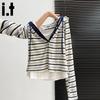 CHOCOOLATE Women's Fake Two-Piece Striped Hooded Long Sleeve T-Shirt
