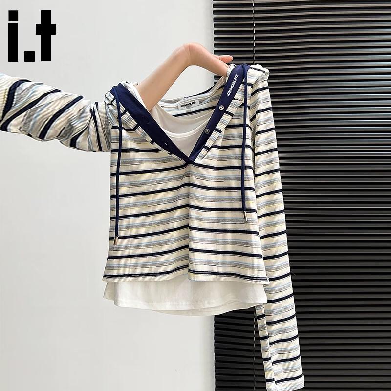 CHOCOOLATE Women's Fake Two-Piece Striped Hooded Long Sleeve T-Shirt