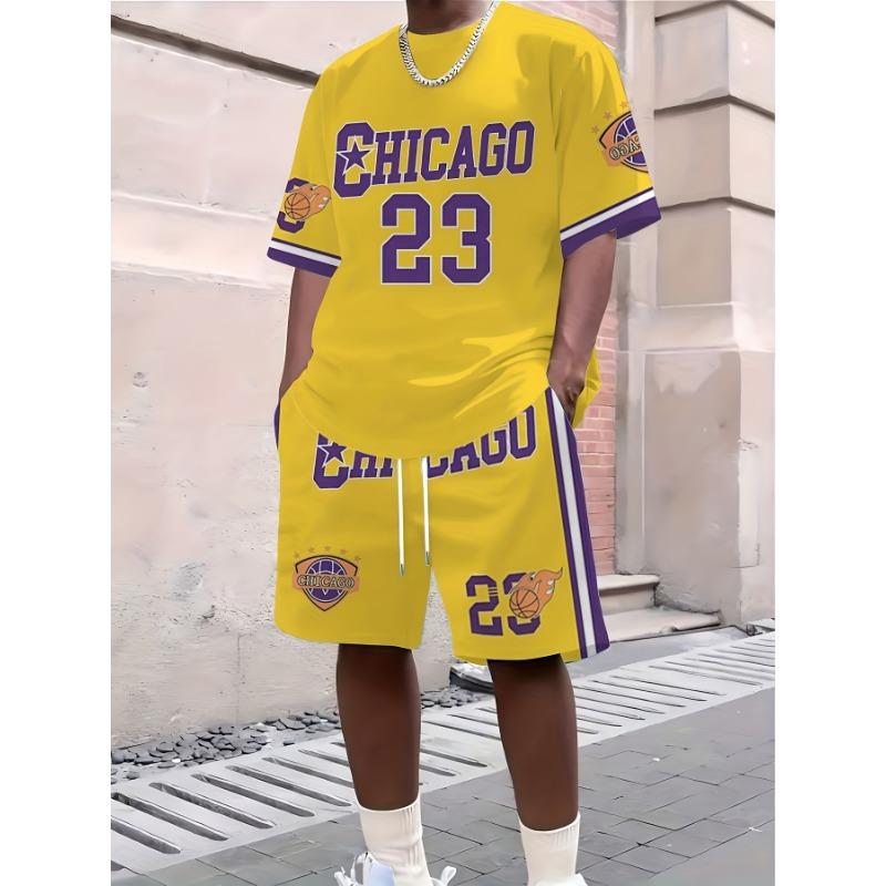 Conjunto de Duas Peças Masculino Tendência com Gola Redonda e Mangas Curtas, Shorts para Lazer de Verão e Férias Confortáveis, Roupa Masculina Esportiva