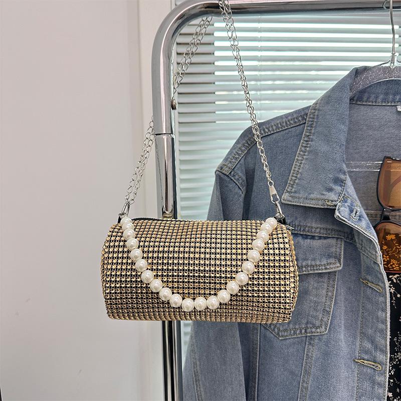 Fashion Rhinestone Shoulder Bag Pearl Chain Bag Phone Pouch Zipper Crossbody Bag Or Women Handbag
