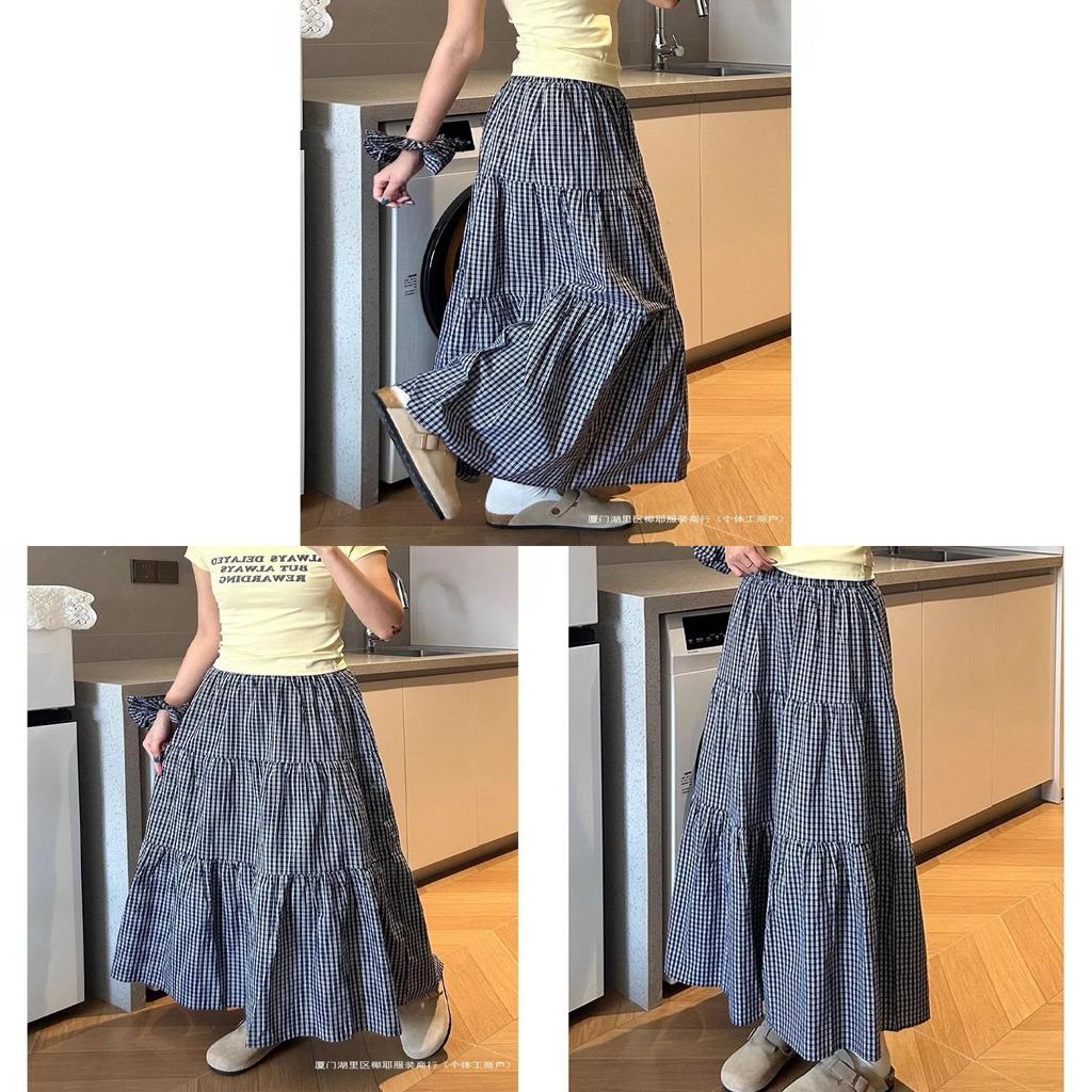 Cotton Blended Plaid Midi Skirt With High Waist And Ruffle For Casual Womens Fashion