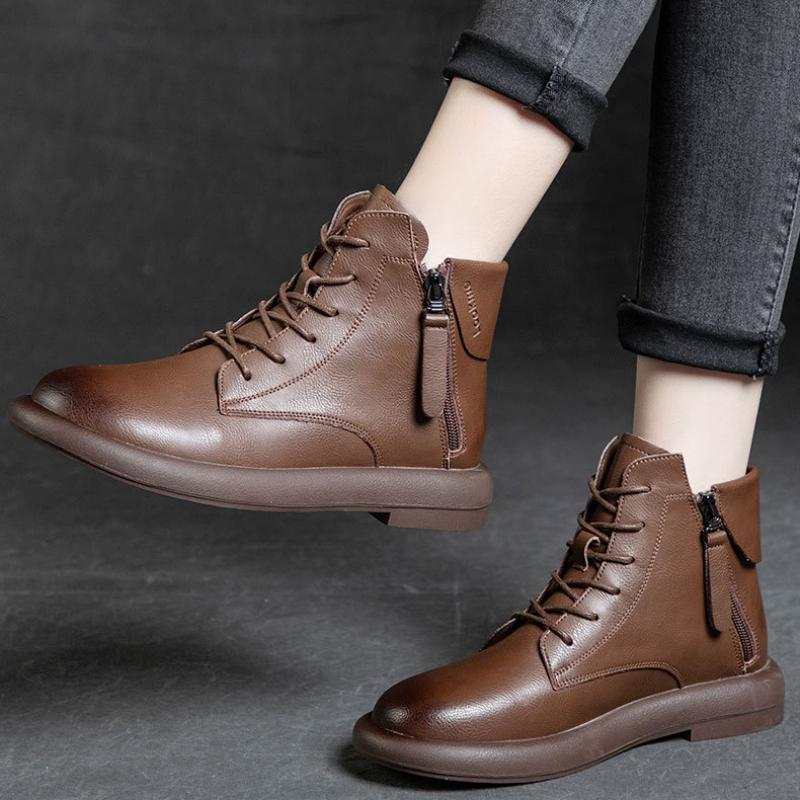 Small Short Boots Soft Leather Thick Heel Medium Heel 2024 Autumn and Winter New Women's Black All-match Comfortable Nude Boots