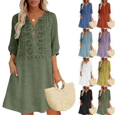 Linen Dress For Women Short Sleeve V Neck Button Down Loose Fit Vacation Cotton Tunic