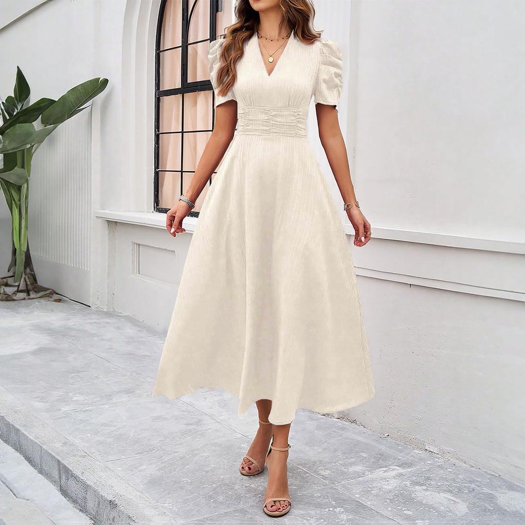 Damenmode Temperament Hohe Taille Hohe Sinn Einfarbig Kurzarm Kleid