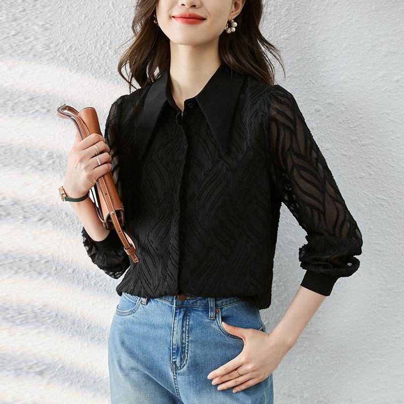 

K-style Spring New Arrival Work Clothing Business Ol Black Single-Breasted Jacquard Fabric Long Sleeve Shirt Top Bottoming Shirt for Women Black S