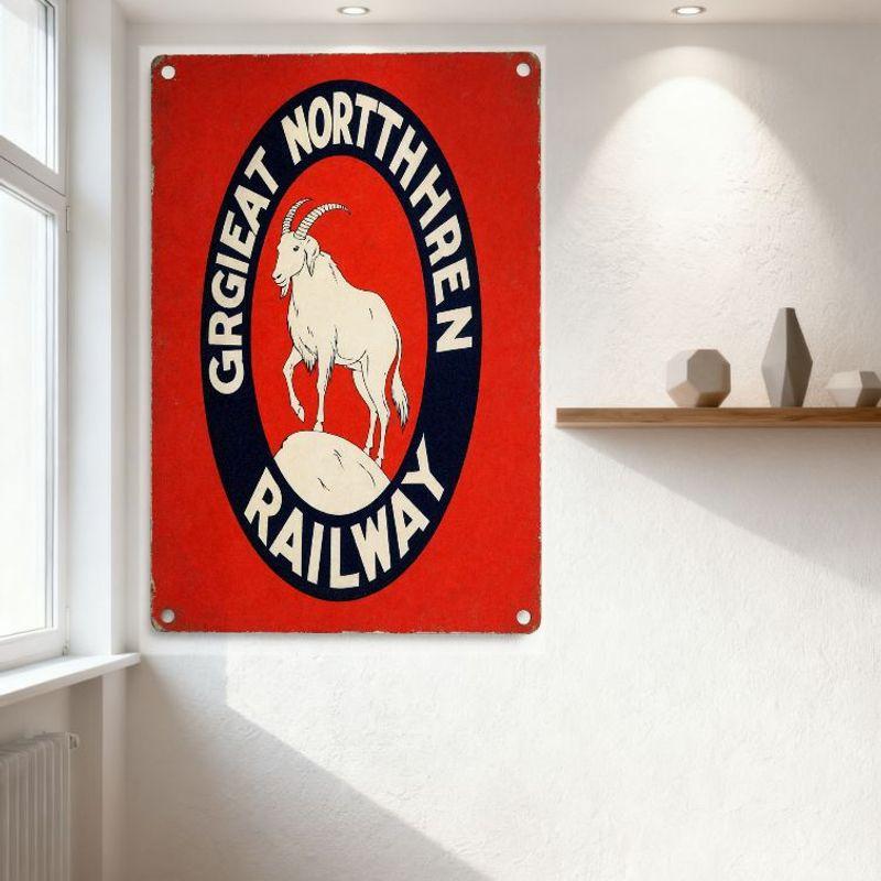 Vintage Great Northern Railway Metal Tin Sign Red with Blue Oval & Goat Illustration, Rounded Corners, Riveted Corners, for Home