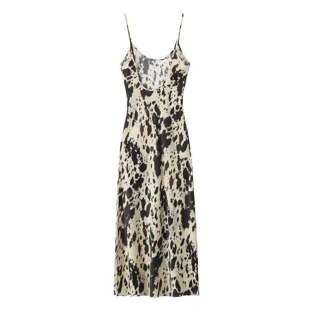 Spring New Women's Clothing European and American Animal Print Sleeveless Suspender Medium and Long Silk Satin Texture Dress