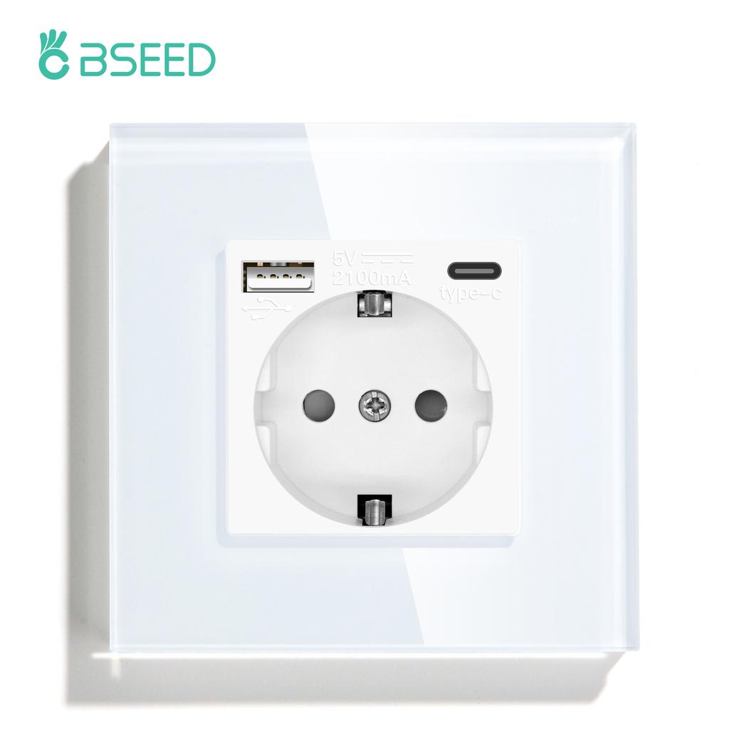 BSEED 1/2/3-fach Mechanische Taster Wandschalter Ein Aus Glas Stromschalter 2,1A Typ-C USB-Steckdose EU-Standard 1-Weg