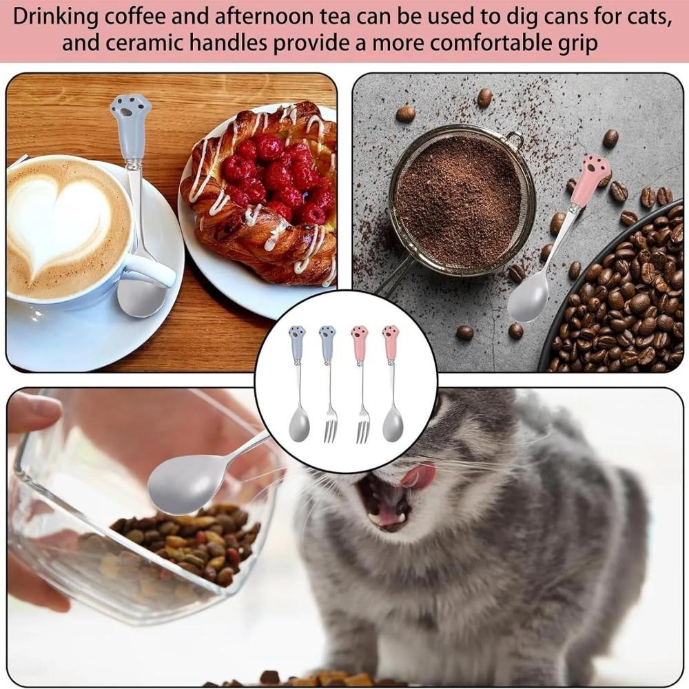4 Stück Niedliches Katzenpfoten Löffelset Teelöffel Kaffeelöffel Obst Eis Dessert Gabel Edelstahl Löffel für Kaffee Tee