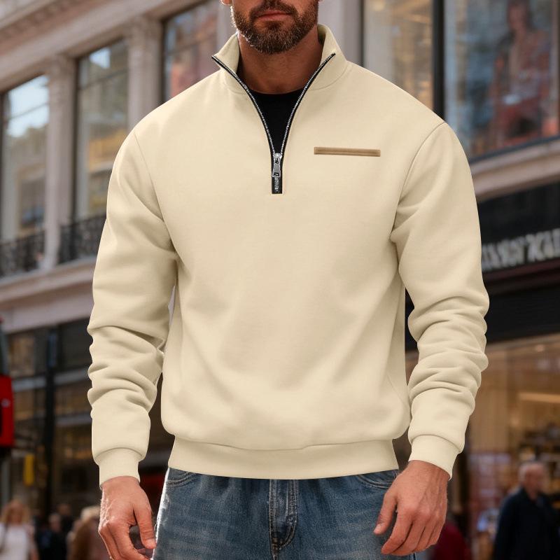 Europäischer & Amerikanischer Herren Winter- Hoodie für schwere Beanspruchung - Warm, Lockere Passform, Stehkragen, Halber Reißverschluss, Farbblock-Streifen-Design Medium apricot