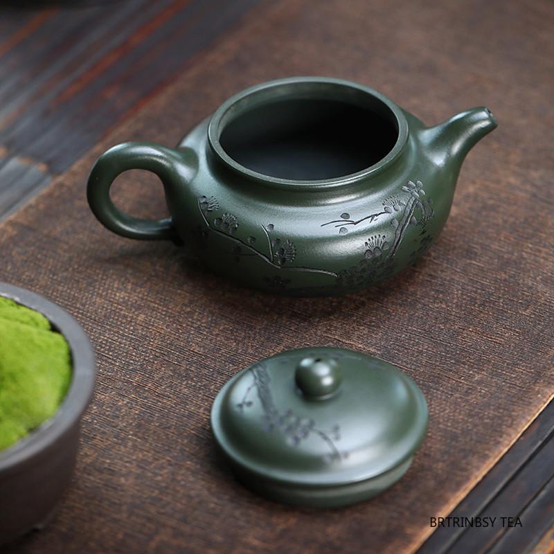 Chinese Yixing Handmade Purple Clay Teapot Hand-carved Plum Blossom Pattern Tea Pot Raw Ore Green Mud Kettle Zisha Tea Set 300ml