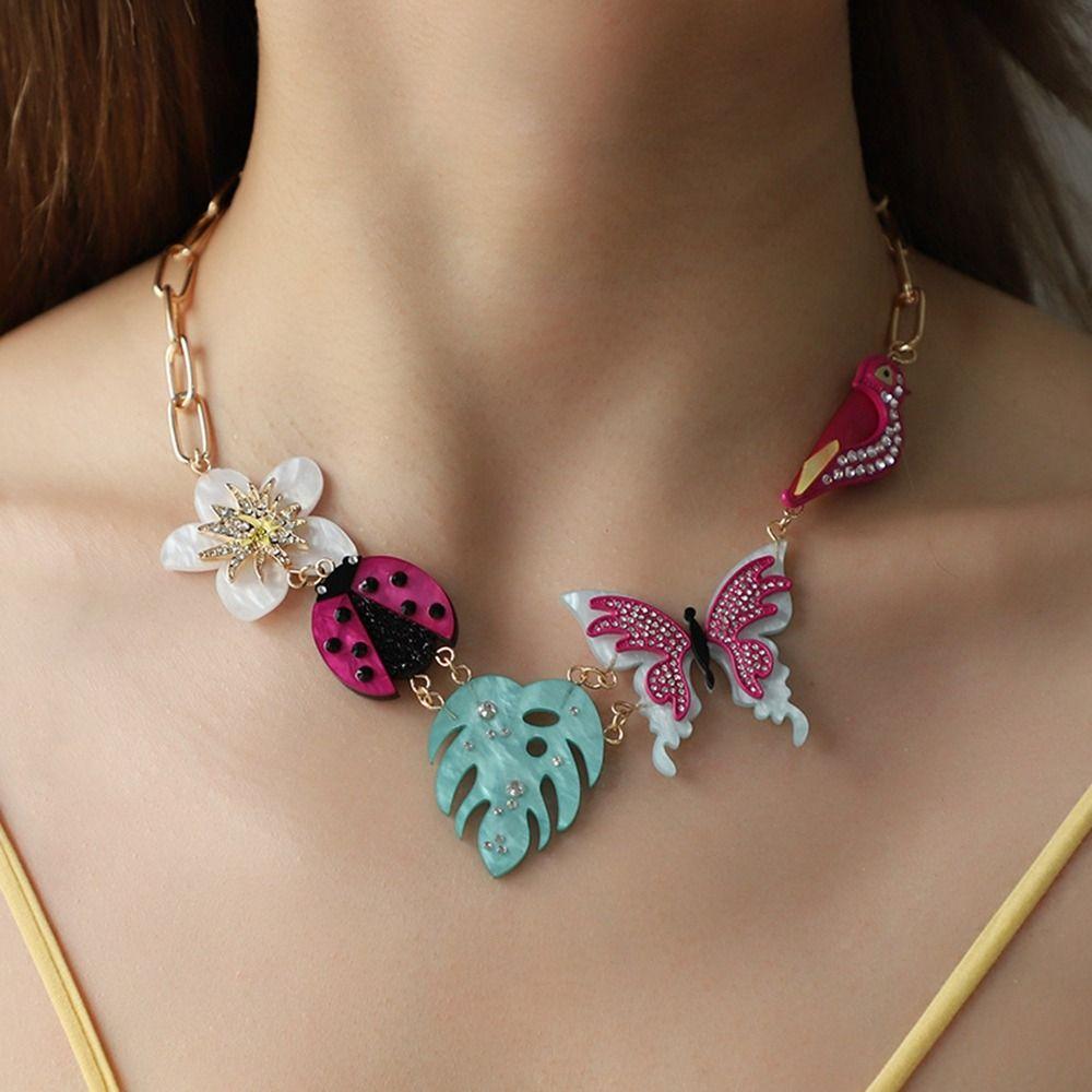 Butterfly Acrylic Flower Necklace Bird Flower Clavicle Chain Colorful Rhinestone Necklace  Girls