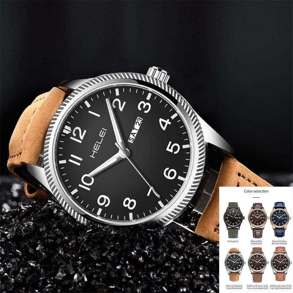 HELEI Sport Men Watch Top Brand Luxury Military Waterproof Male Clock Quartz Business Original Leather Wristwatch Gift 9007AL