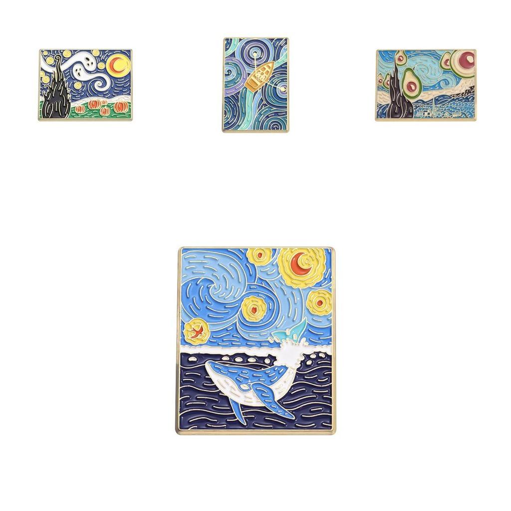 Enamel Charming Brooch With Van Gogh Inspired Whale And Boat Cartoon Character Style