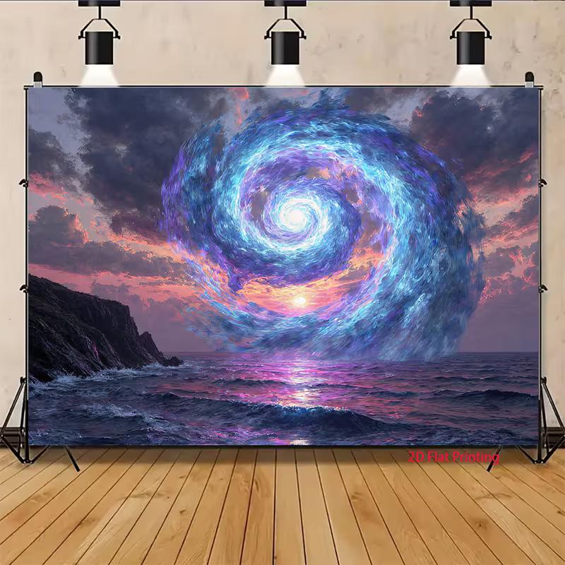 2D Sunset Seascape Backdrop Magical Swirling Portal with Purple and Blue Colors Background