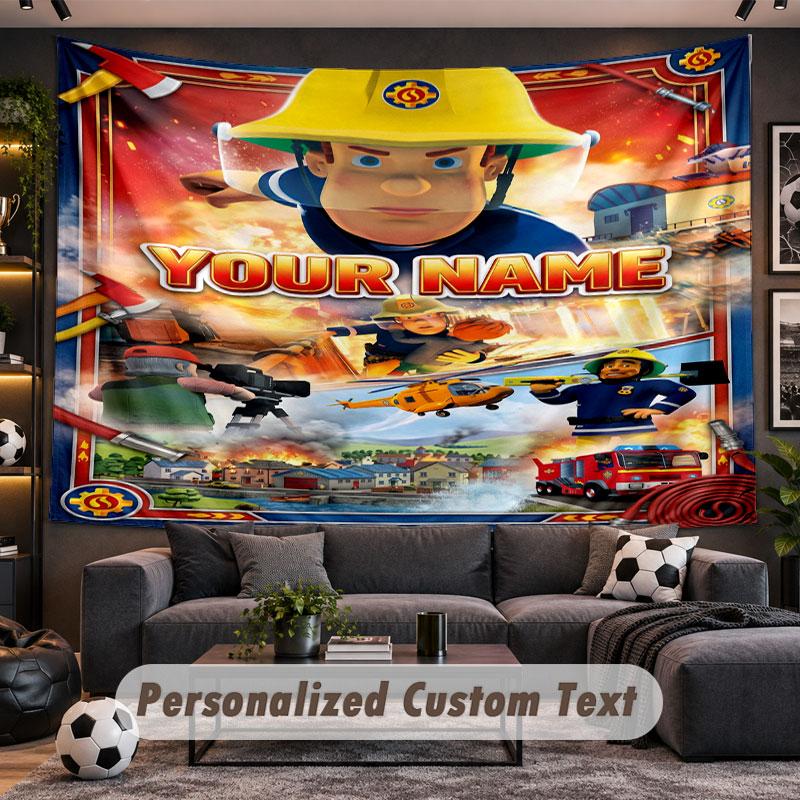 Wall Hanging Tapestry Custom NameFireman Sam Pattern Personalized Printed Fabric Wall Decor