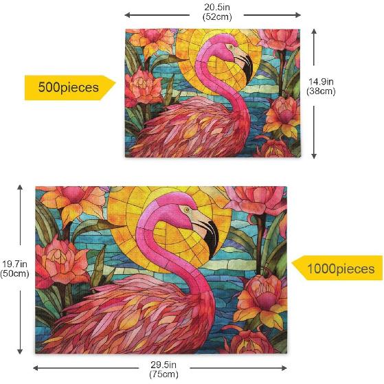 Stained Glass Flamingo Jigsaw Puzzle 500 Pieces, Zigsaw with Storage Bag and Reference Picture Easy to Solve