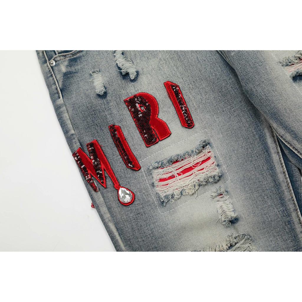 Amiri Trendy American Style Internet Famous Jeans with Fabric Patches, Torn Holes, Embroidery, Casual Trendy High Street Pants