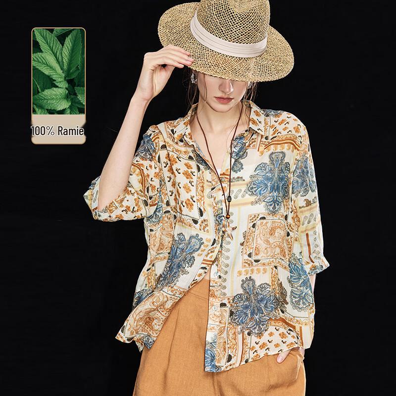 Women s 100% Ramie Paisley Loose-Fit Resort Shirt L