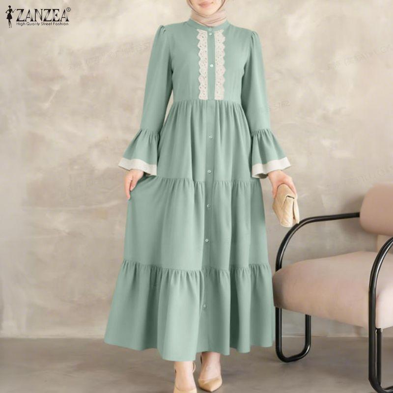 ZANZEA Damen Elegantes Spitze Patchwork Lässiges Stehkragen Ausgestelltes Langes Ärmel Lockeres Kleid
