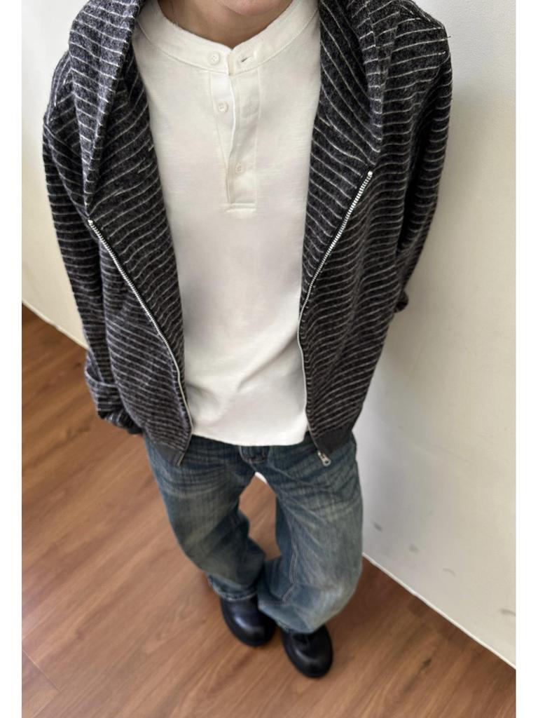 Unisex Striped Velour Hooded Cardigan Sweatshirt, Autumn/Winter, National Trend, Loose Fit, Versatile Zip-Up Jacket