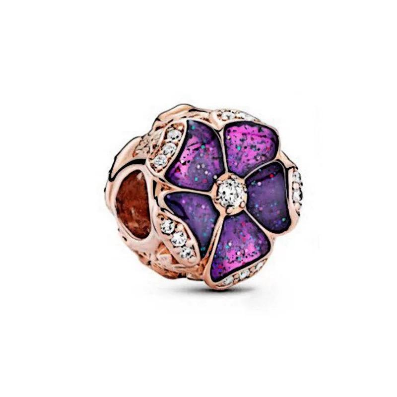 Classic 925 Silver Pink Blue Flower Pendant Bead Decoration Suitable For Necklace Bracelet DIY Women's Jewelry