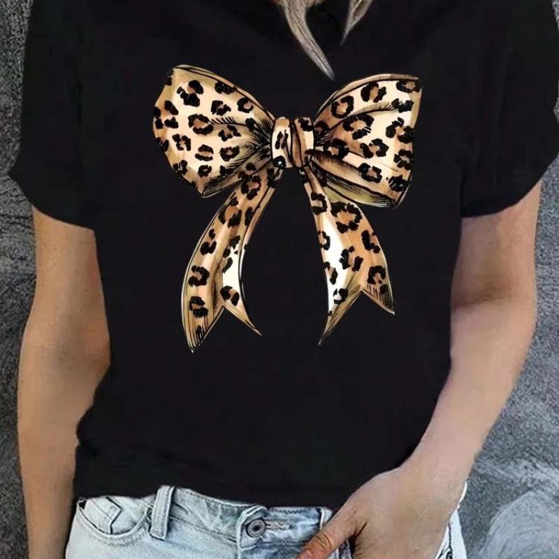 

Summer New Leopard Print Bow Short Sleeve Print Clothing Women s T-Shirt Harajuku Graphic Clothing Women s Top Tee XS чёрный
