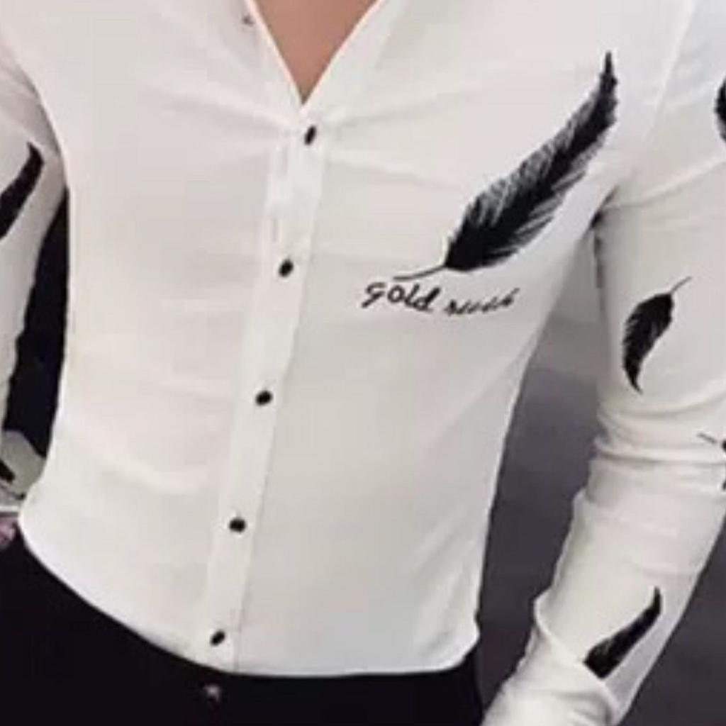 Mode Printemps Automne Col Rabattu Manches Longues Blouse Imprimée Vêtements Homme Slim Polyvalent Coréen Bouton Tendance Chemises Chics