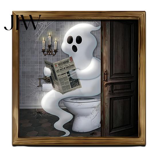 Moisture Proof Wall Murals Halloween Skeleton Art, Funny Bathroom Toilet Decal with Ghost Clown, Niche Creative Decorations 2D Wooden Art Sign, Spooky