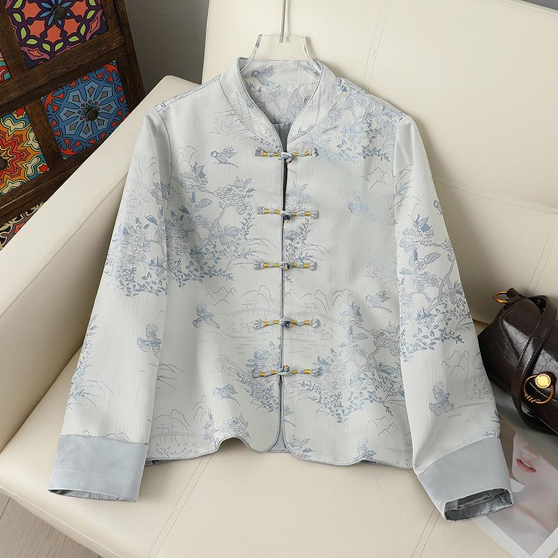 Women's Retro Style Mandarin Jacket with Embroidered Jacquard and Frog Buttons