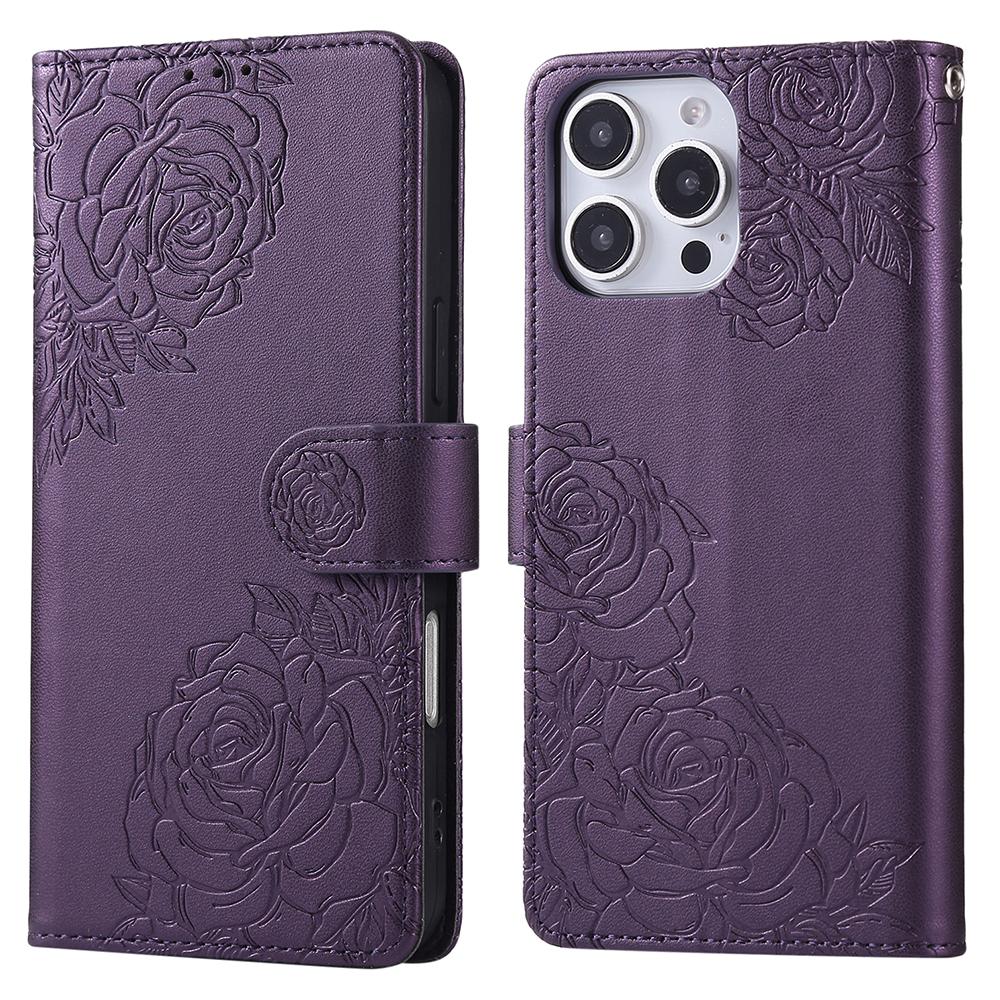 For iPhone 15 Pro Case Rose Flower PU Leather Wallet Phone Cover with 3 Card Slot