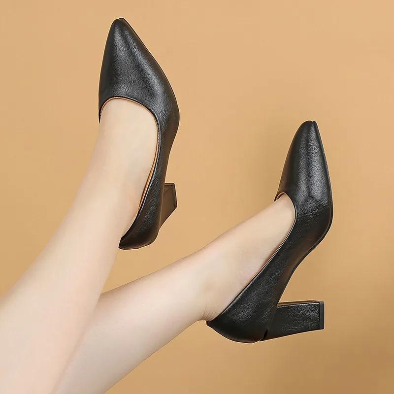 2024 Brand Shoes for Women Slip On Women's High Heels Concise Office & Career Pumps Women Pointed Toe Chunky Heels Shoes Ladies
