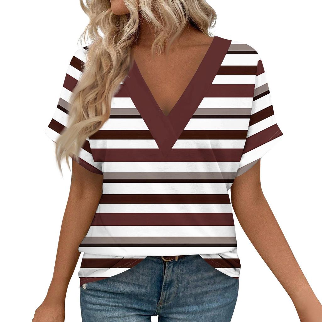 Damen Kurzarmshirts V-Ausschnitt Print Tops Freizeitoberteile Basic Tees Bluse Lockere Oberteile