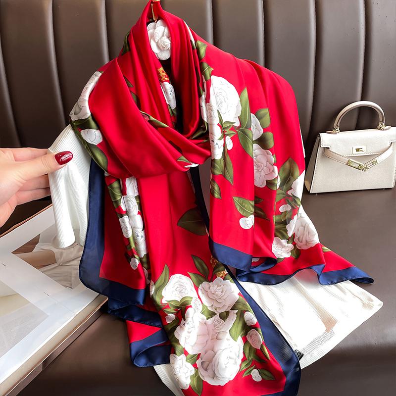 Fashion Elegant Women Silk Scarf Beach Wrap Shawl Vintage Satin Floral Print Sunscreen Bandana Hijab Mujer Scarve Foulard Pareo