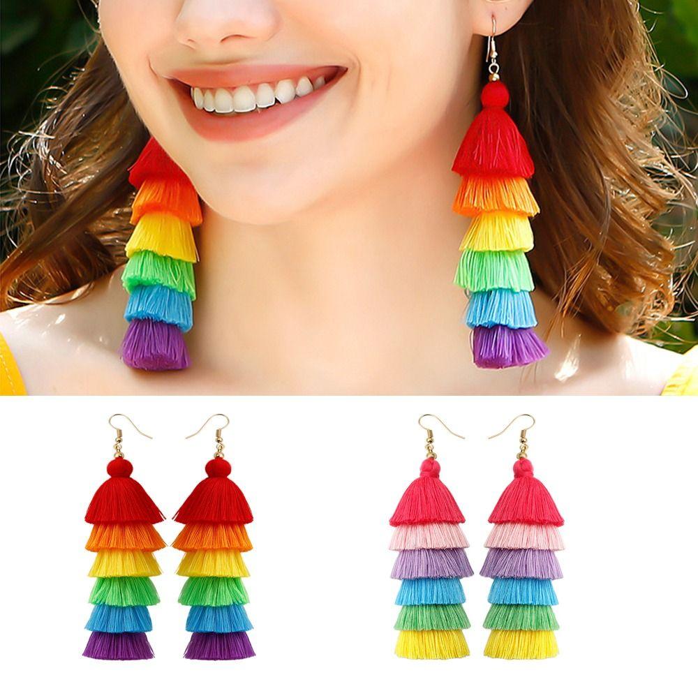 

Lightweight Fringe Tassel Earrings Rainbow Layered Trendy Pride Jewelry Women