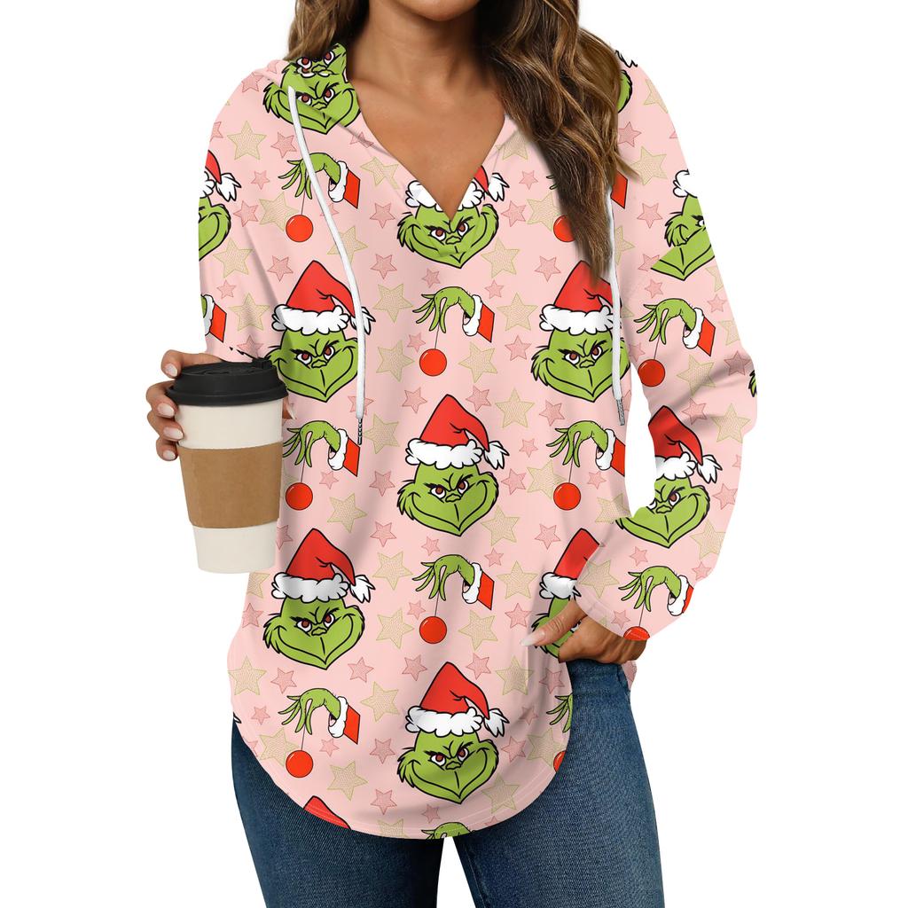 Women's Fashion Hoodies V Neck Long Sleeve Christmas Printed Drawstring Casual Loose Pullover Tops