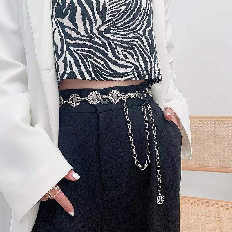 European and American Waist Chain Women's Summer Versatile Ins Style with Dress Jeans Trendy Decorative Metal Chain Flower Belt