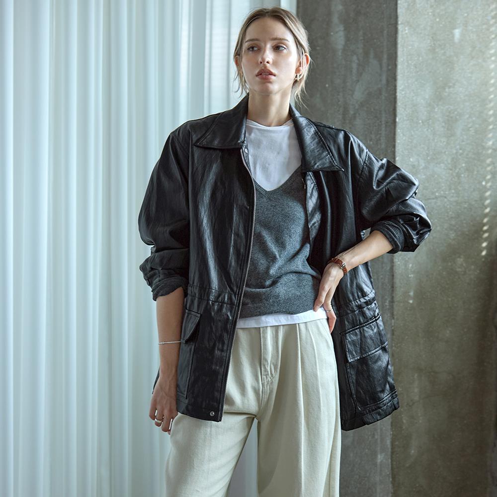 KELLY DONAHUE Drawstring Leather Jacket Black