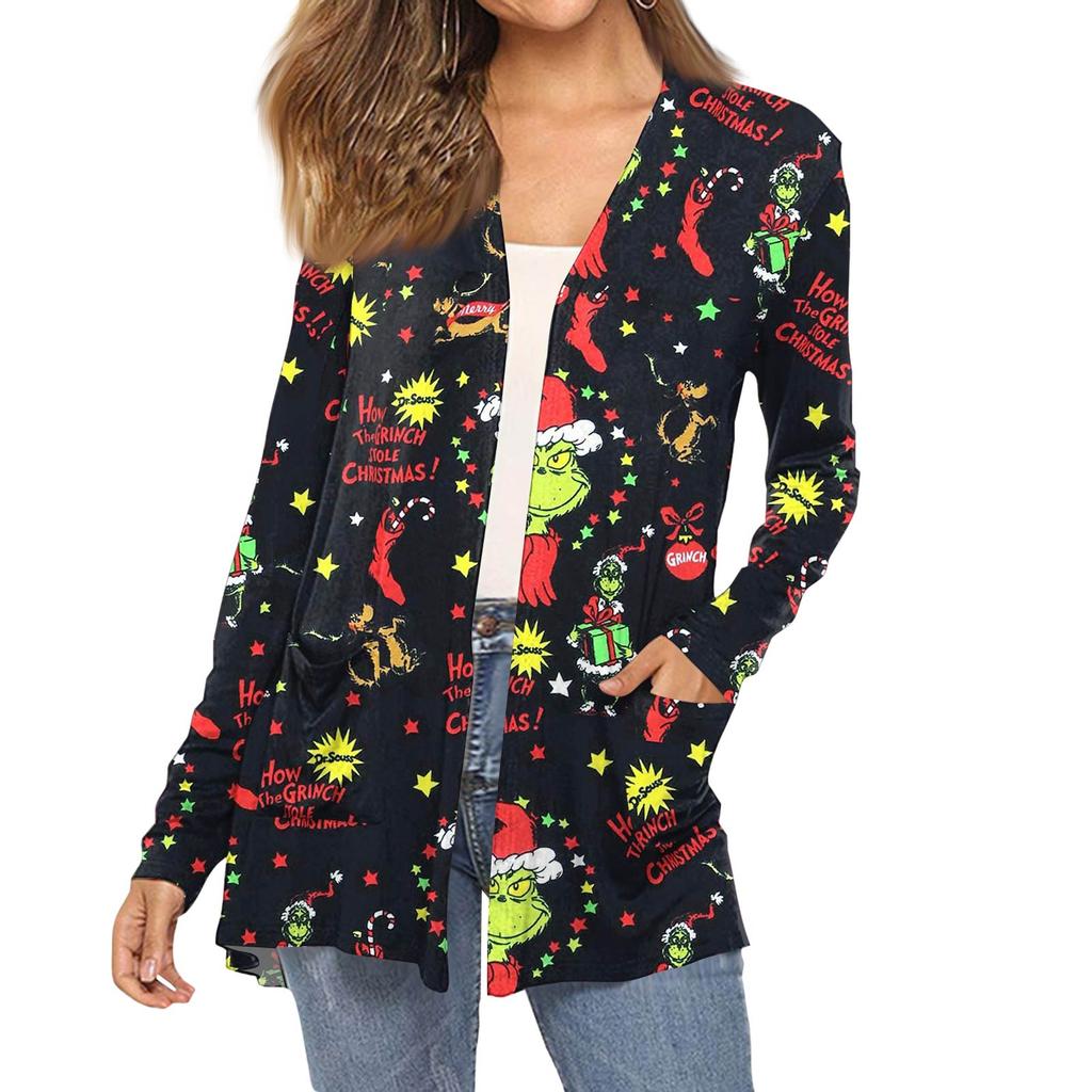 Dámský módní vánoční potisk dlouhý rukáv kapsy slim fit kardigan kabát