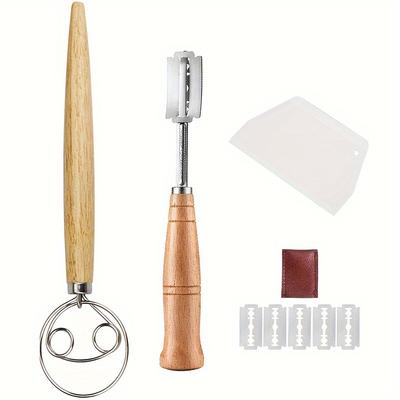 Bread Cutter Wooden Handle Bread Lame Slashing Tool With 5 Razor Blades Leather Cover Curved Dough Scoring Knife Baking Tool
