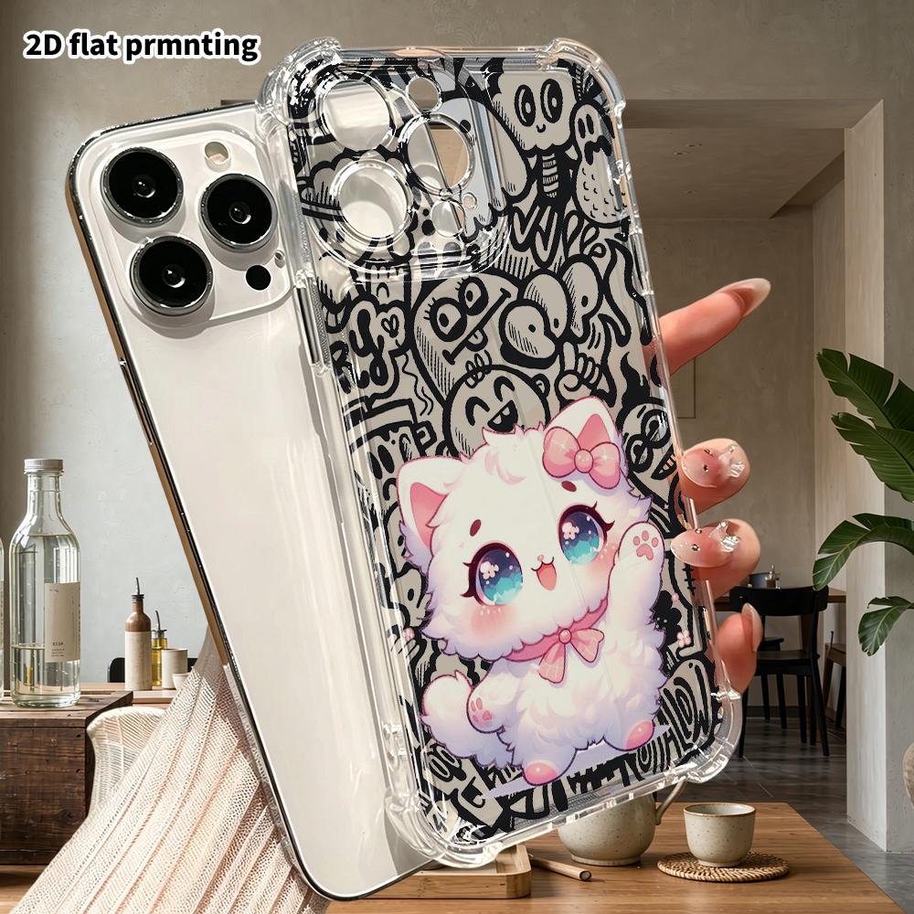 Phone Case: 2D Flat Suitable for iPhone 18 17 16 15 14 13 Pro, Transparent Corners Protective Case, Bow Knot Kitten, Christmas and Halloween Gifts