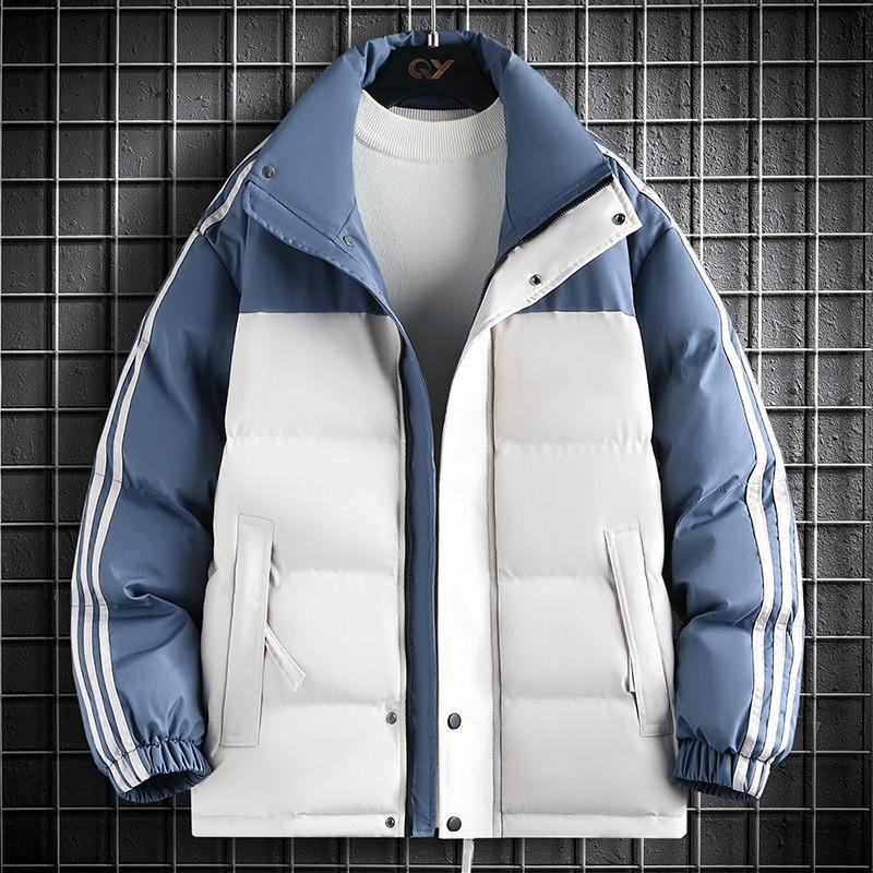 Three bars contrasting color cotton-padded clothes for men and women, winter new thickened warm stand-up collar windproof down cotton jacket