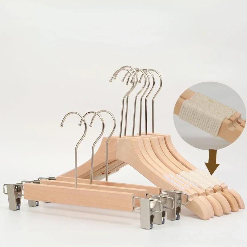Korean Version Unpainted Hangers Natural Wood Women Suits Clip Tie Rope Clothing Store Wardrobe Coat Support Pants Rack 10PCS