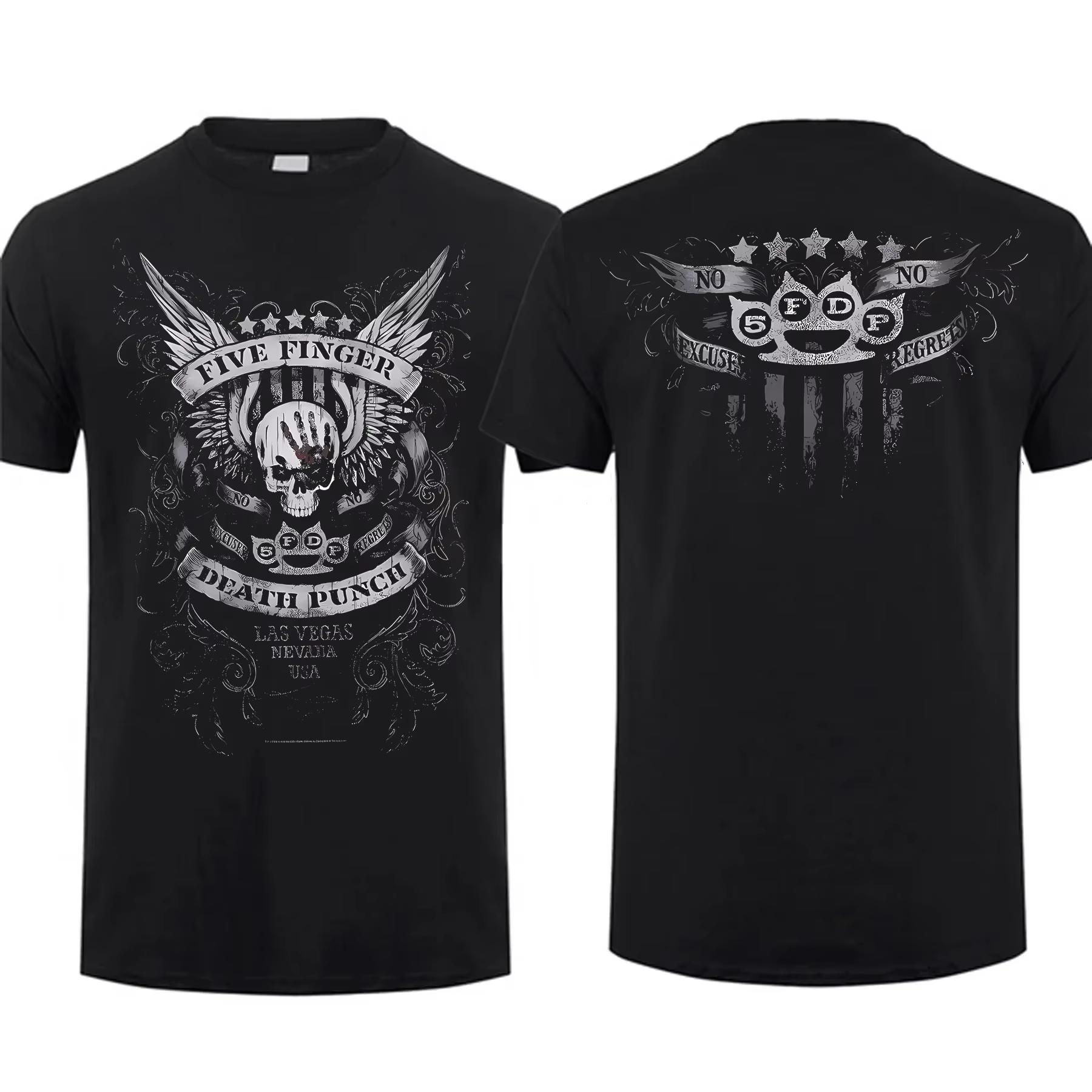 

Five Fingerless Metal Band Mens Fashion Neutral Short Sleeve Tshirt Motorcycle Skull Pattern Retro Street American Top L