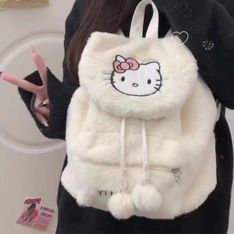 Kawaii Drawstring Flap Plush Backpack, My Melody Hello Kitty Pochacco Soft Fuzzy School Bag with Decor Casual Fluffy Daypack