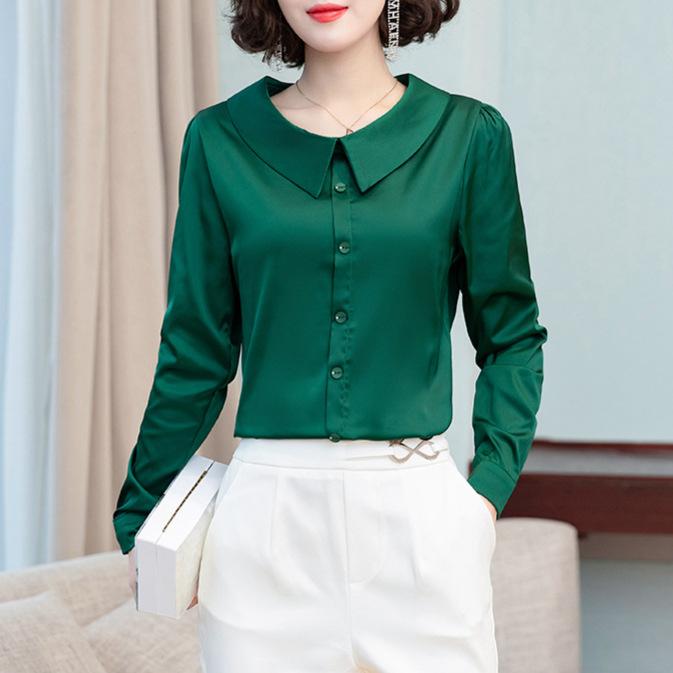 Camisa de satén de manga larga con cuello de muñeca para mujer, color rojo, versátil y moderna, para otoño