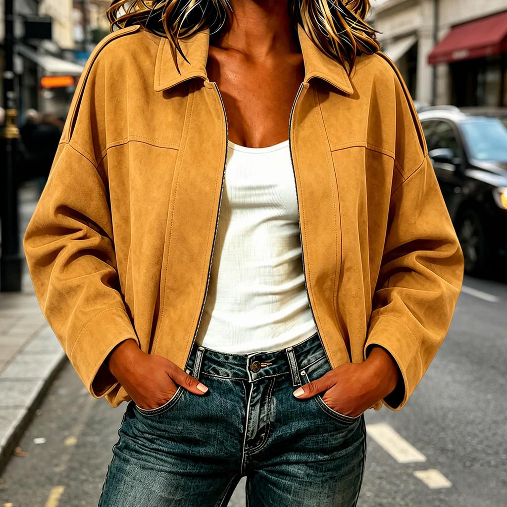 Women's Jacket with Notched Collar Zip Button Closure for Spring and Fall